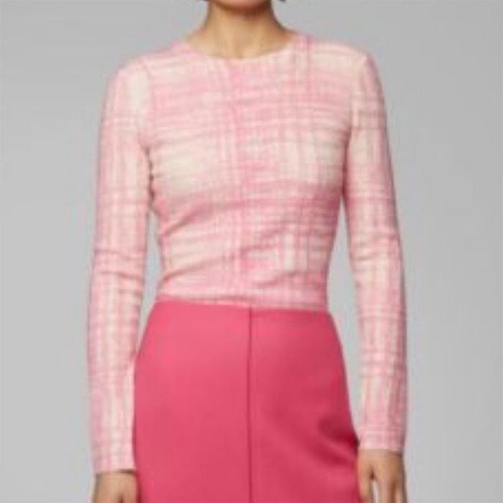 HUGO BOSS Feleanor Ribbed Knit Crewneck Virgin Wool Plaid Sweater Pink XS NWOT